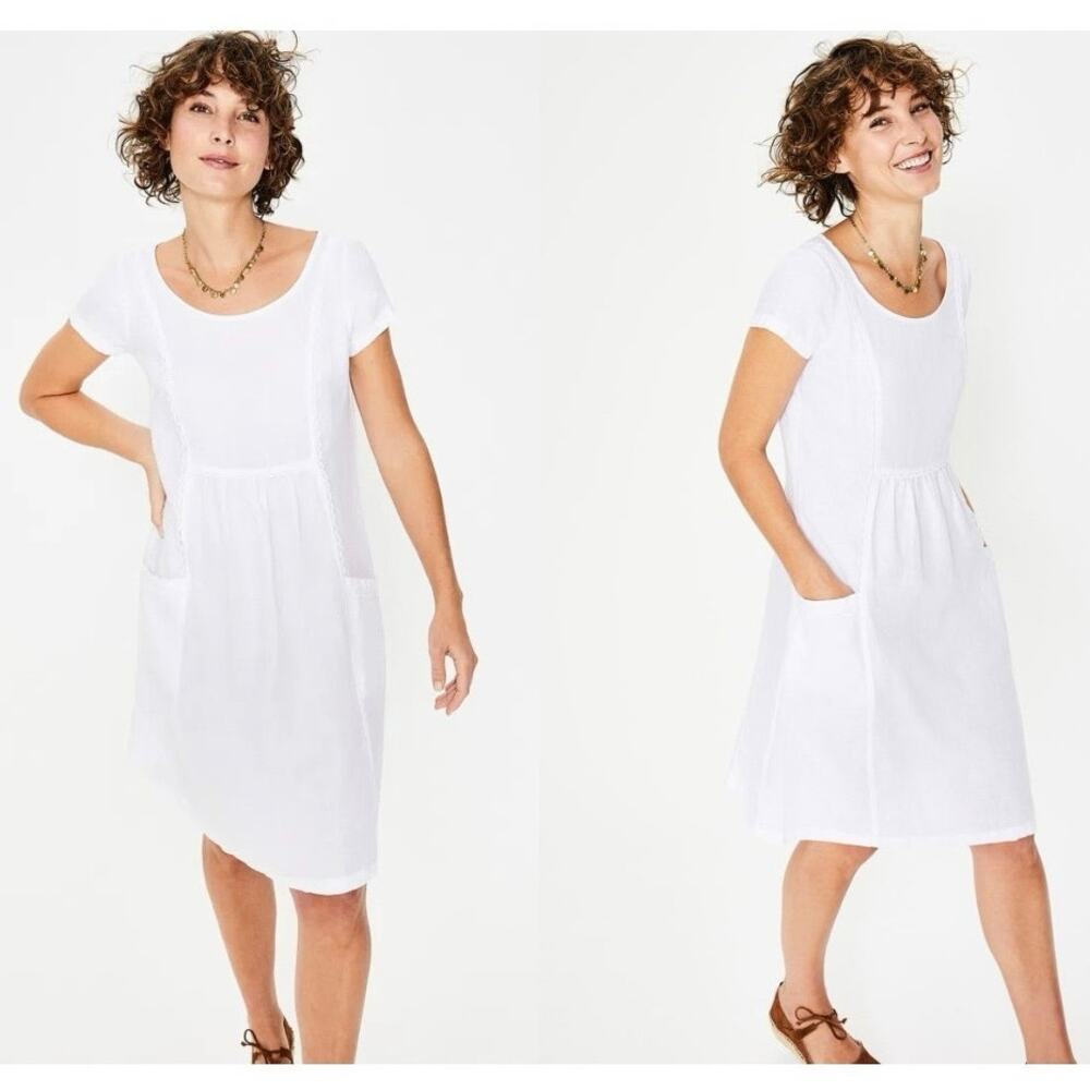 Boden Alberta 100% Linen Dress Capped Sleeves Scalloped Trim White - Size 6P